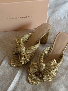 Loeffler Randall Metallic Gold Knot Bow Mule Heels